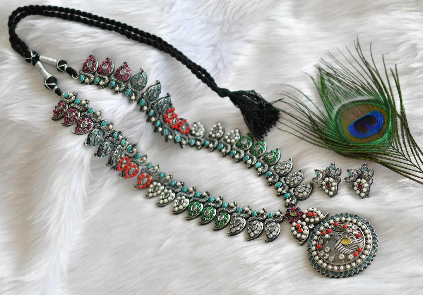 Silver tone Navarathna peacock haar set dj-38748