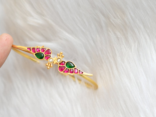 Gold tone pink-green-white kundan jadau peacock bracelet kada dj-39487