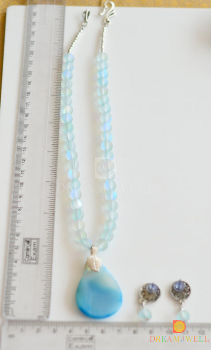 Silver tone sky blue mystic stone beads necklace set with sliced agate pendant dj-36367
