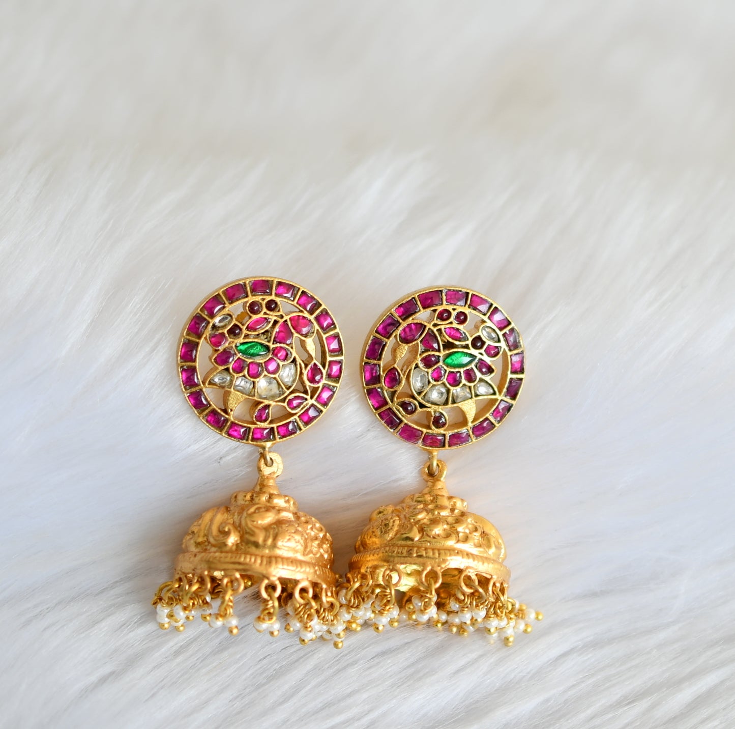 Gold tone pink-green-white Kundan jadau peacock jhumkka dj-39491