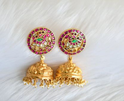 Gold tone pink-green-white Kundan jadau peacock jhumkka dj-39491