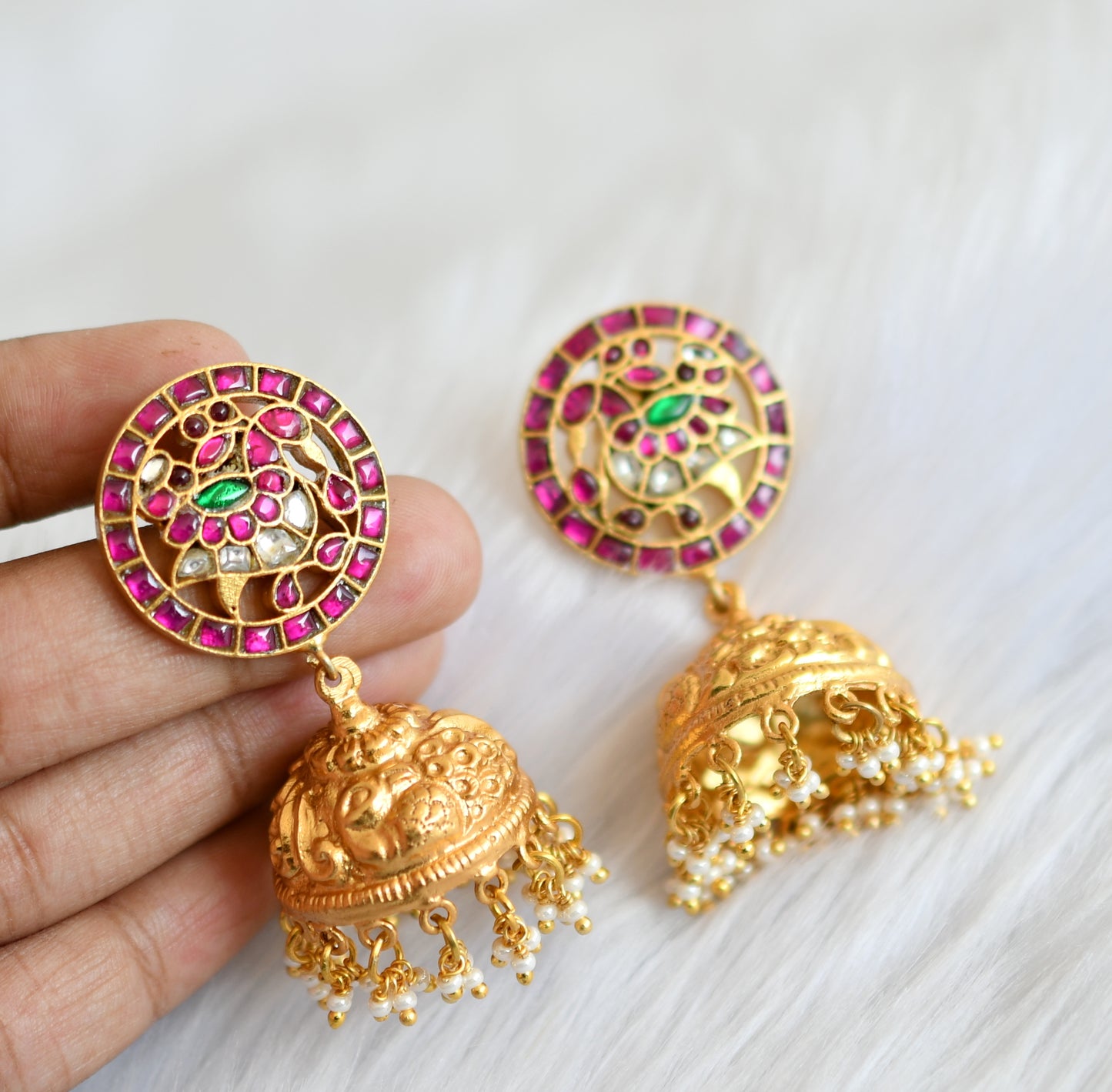 Gold tone pink-green-white Kundan jadau peacock jhumkka dj-39491