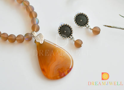 Silver tone brown mystic stone beads necklace set with sliced agate pendant dj-36369