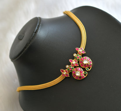 Gold tone pink-green-white mango kundan jadau necklace dj-39475