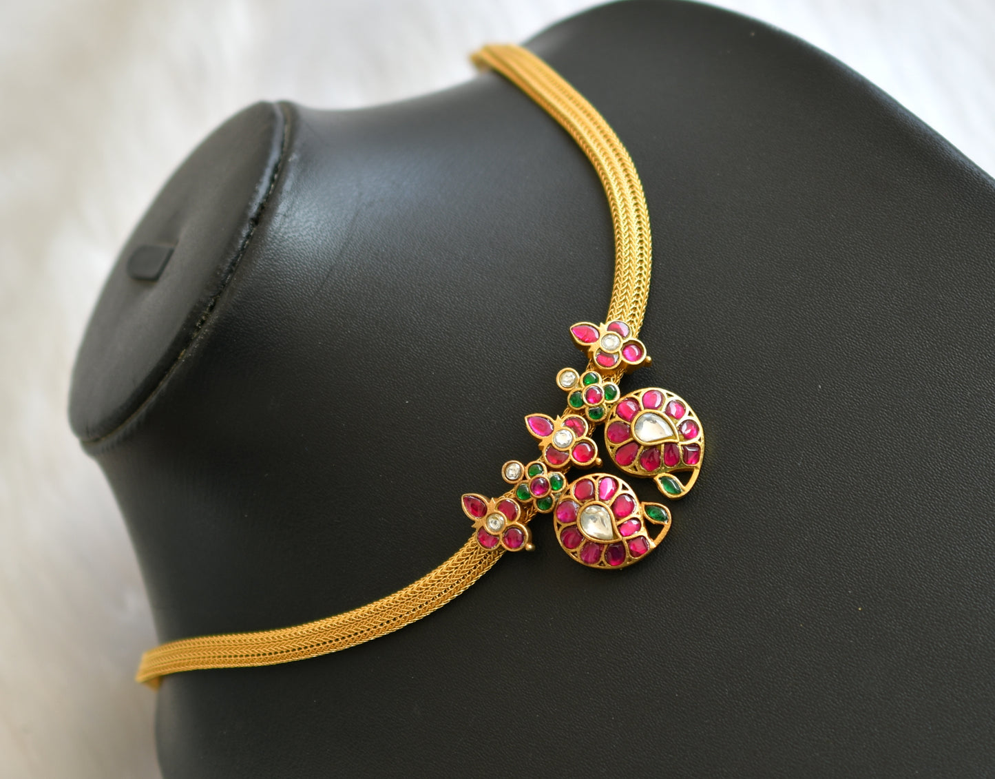 Gold tone pink-green-white mango kundan jadau necklace dj-39475