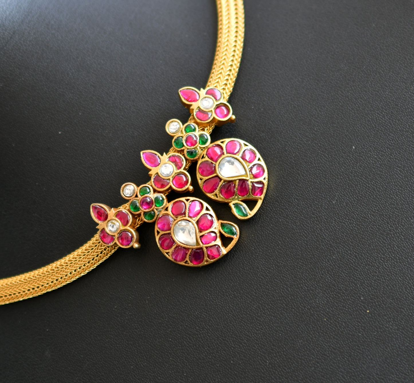 Gold tone pink-green-white mango kundan jadau necklace dj-39475