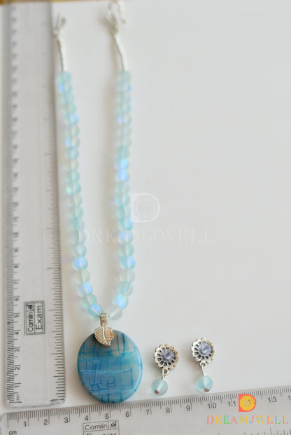 Silver tone sky blue mystic stone beads necklace set with sliced agate pendant dj-36373
