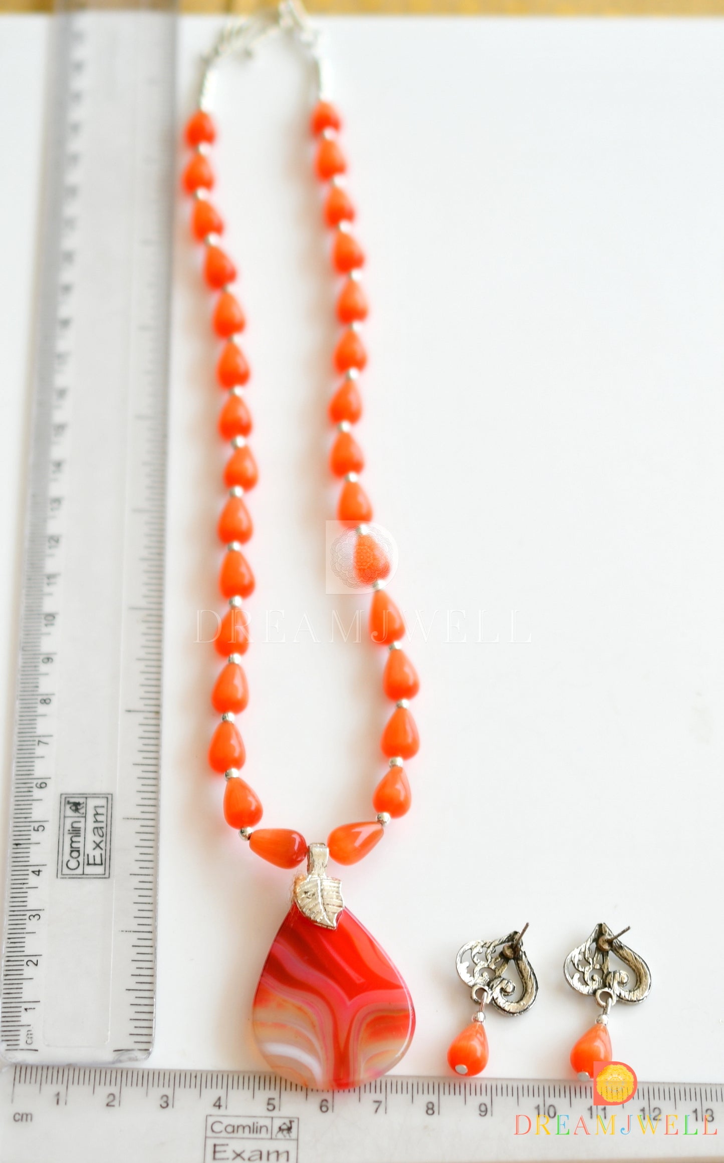 Silver tone orange Moonlight beads necklace set dj-36364