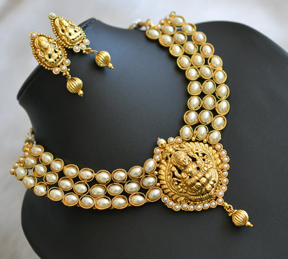 Antique gold tone pearl Lakshmi necklace set-dj03051