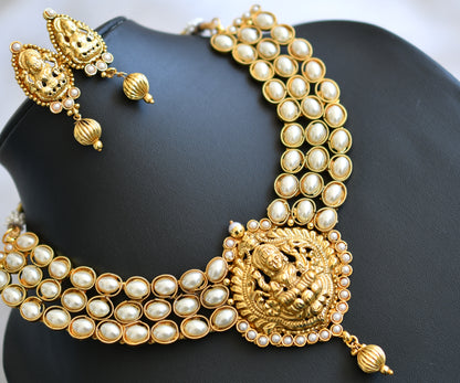 Antique gold tone pearl Lakshmi necklace set-dj03051