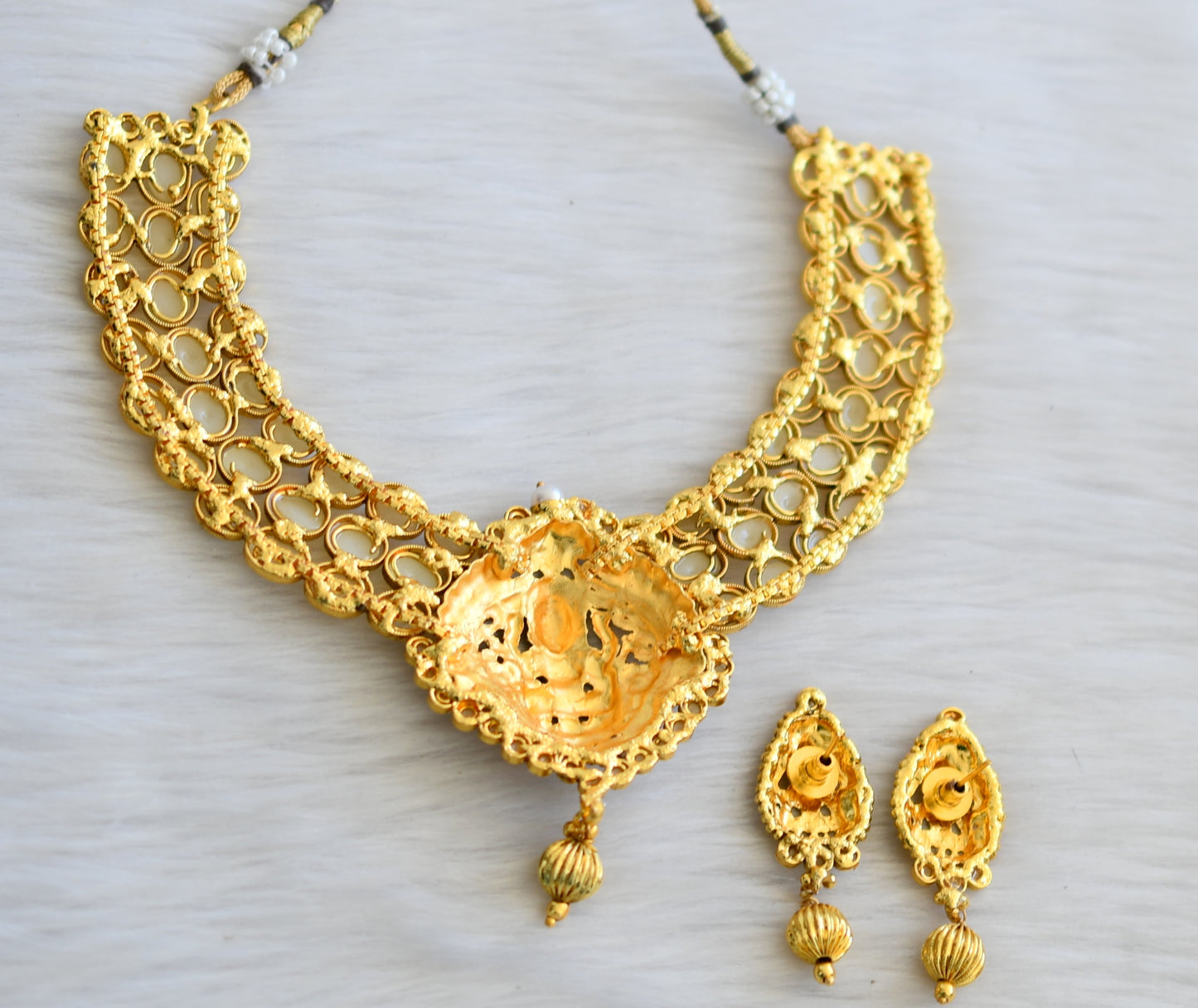 Antique gold tone pearl Lakshmi necklace set-dj03051