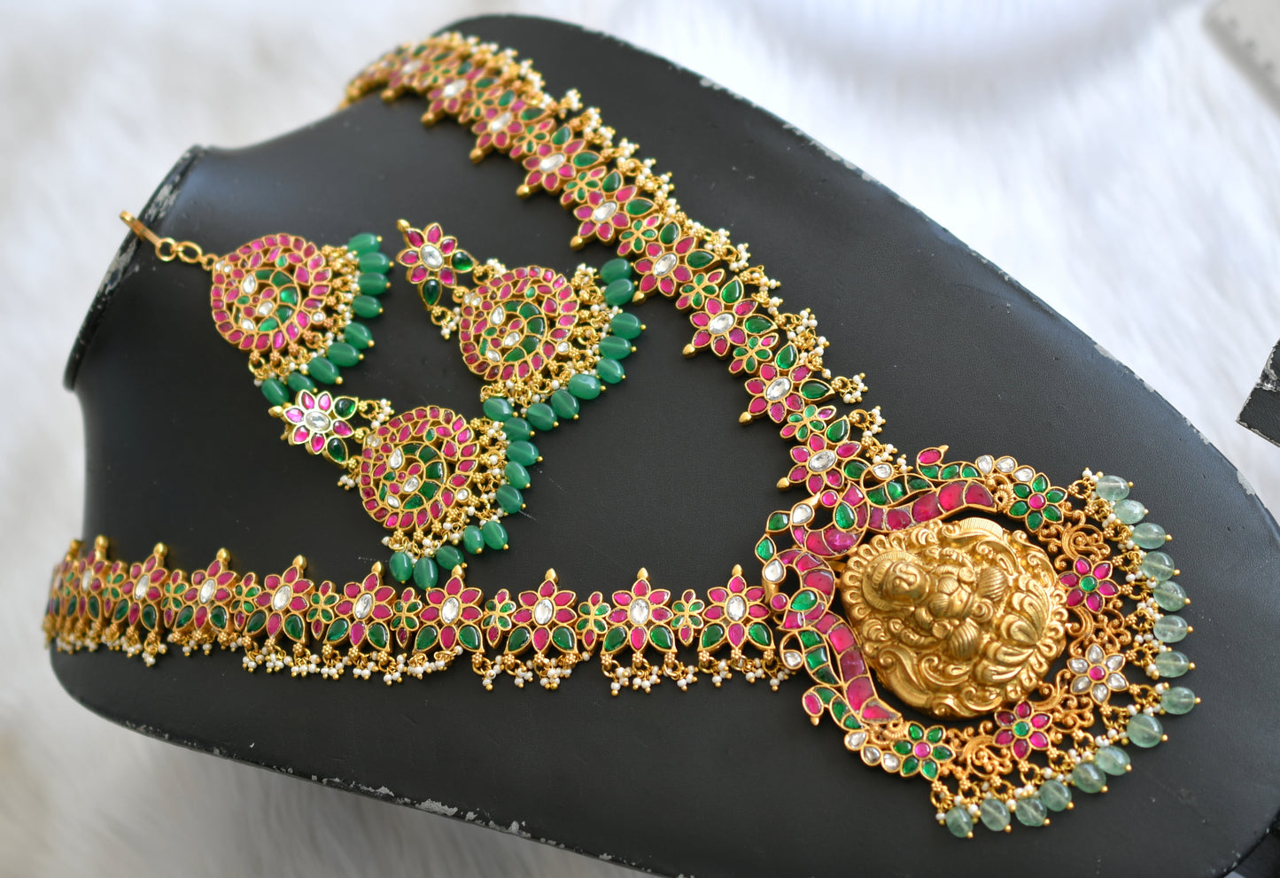 Gold tone pink-green-white kundan jadau Lakshmi pearl cluster haar set and tikka dj-39486