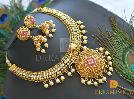 Antique kundan pink necklace set dj-01478