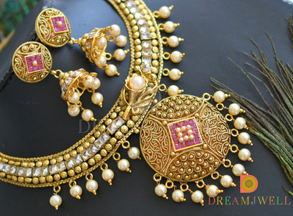 Antique kundan pink necklace set dj-01478
