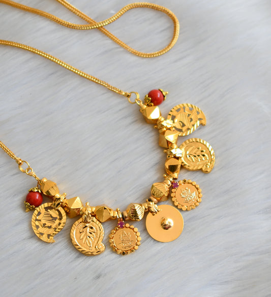 Gold tone pink stone Lakshmi coin Mango coral beads bottu mangalyam dj-41104