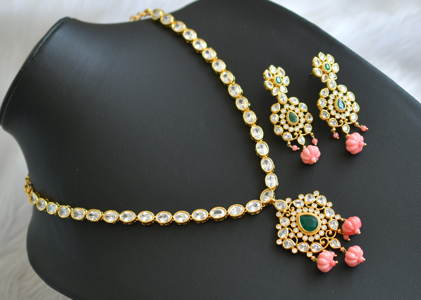 Gold tone cz white-green stone necklace set dj-41132