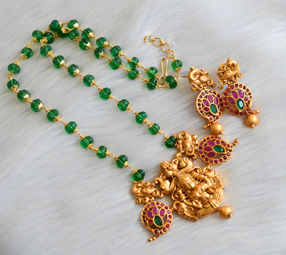 Matte finish ruby-green stone green pumpkin beads Lakshmi-mango necklace set dj-41135