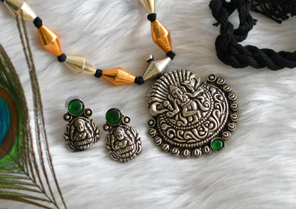 Oxidised Kolhapuri silver-gold green Ganesha pendant long chain set dj-15135