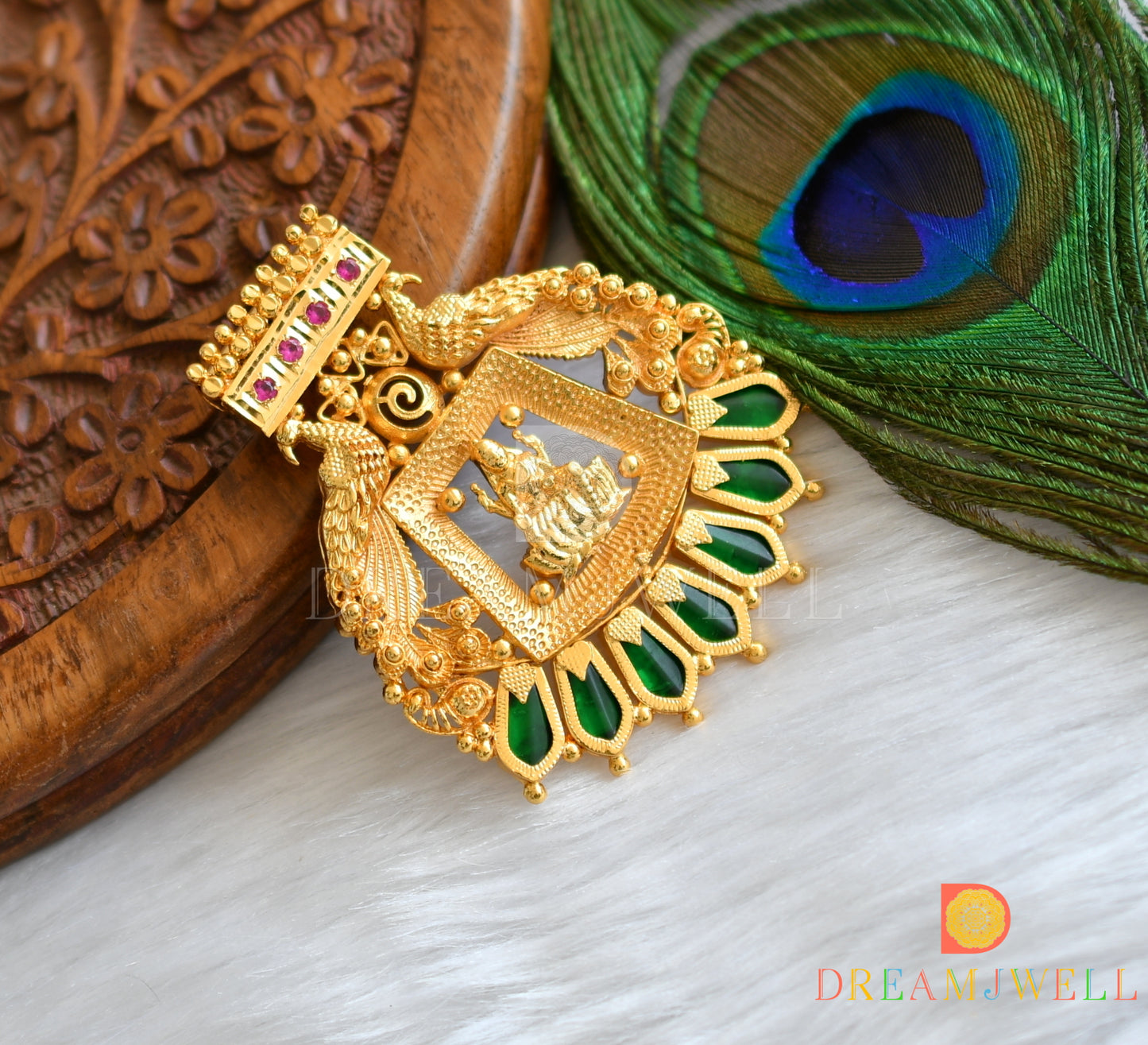 Gold tone pink stone green nagapadam Lakshmi Kerala style pendant dj-37893