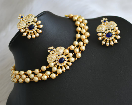 Gold tone mango white-blue stone pearl choker necklace set dj-41133