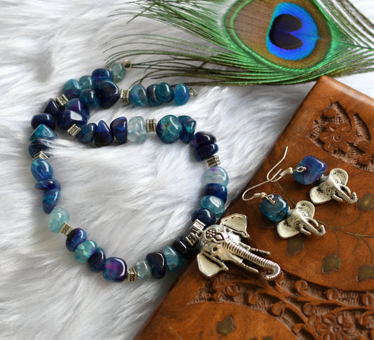 Silver tone blue onyx Ganesha necklace set dj-18058