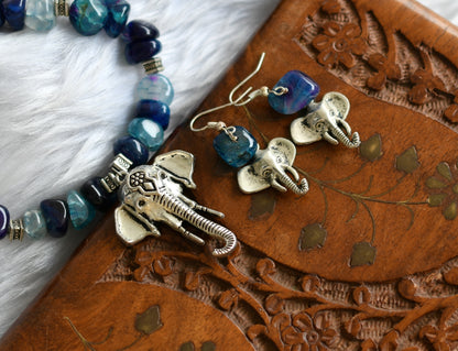 Silver tone blue onyx Ganesha necklace set dj-18058