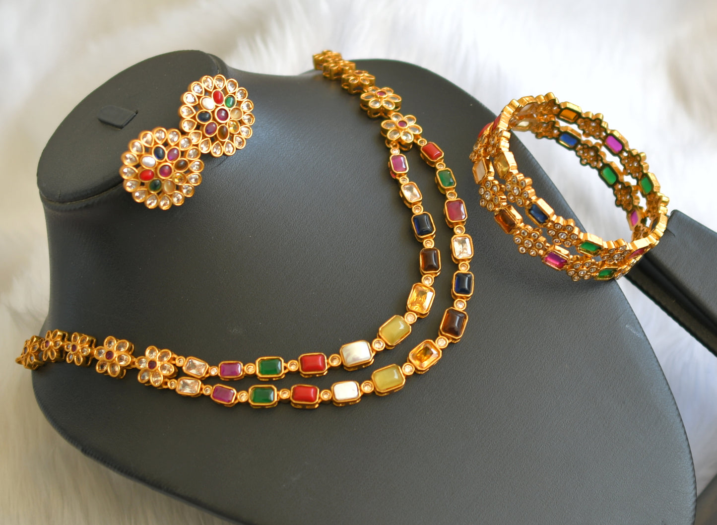 Matte finish navarathna stone double layer necklace set with bangles