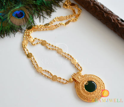 Gold tone green round pendant with coin chain dj-37164