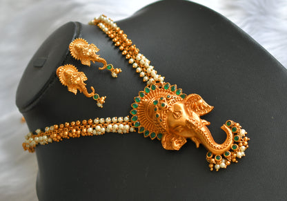 Matte finish pearl-gold cluster emerald big Ganesha necklace set dj-17374