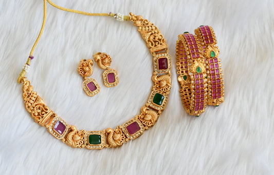 Matte finish ruby-emerald block stone swan necklace set with bangles