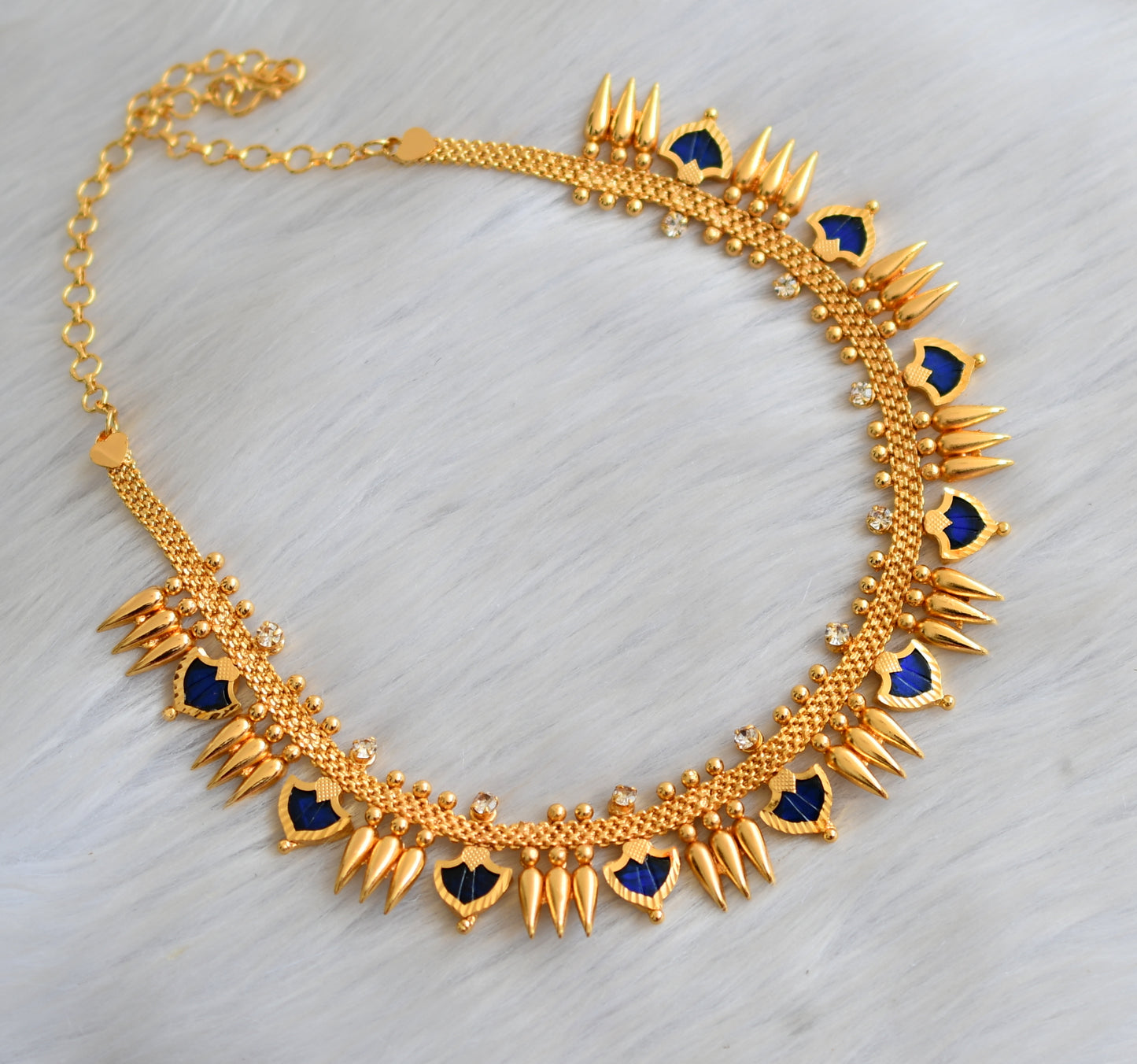 Gold tone blue palakka Kerala style mulla mottu necklace dj-41156