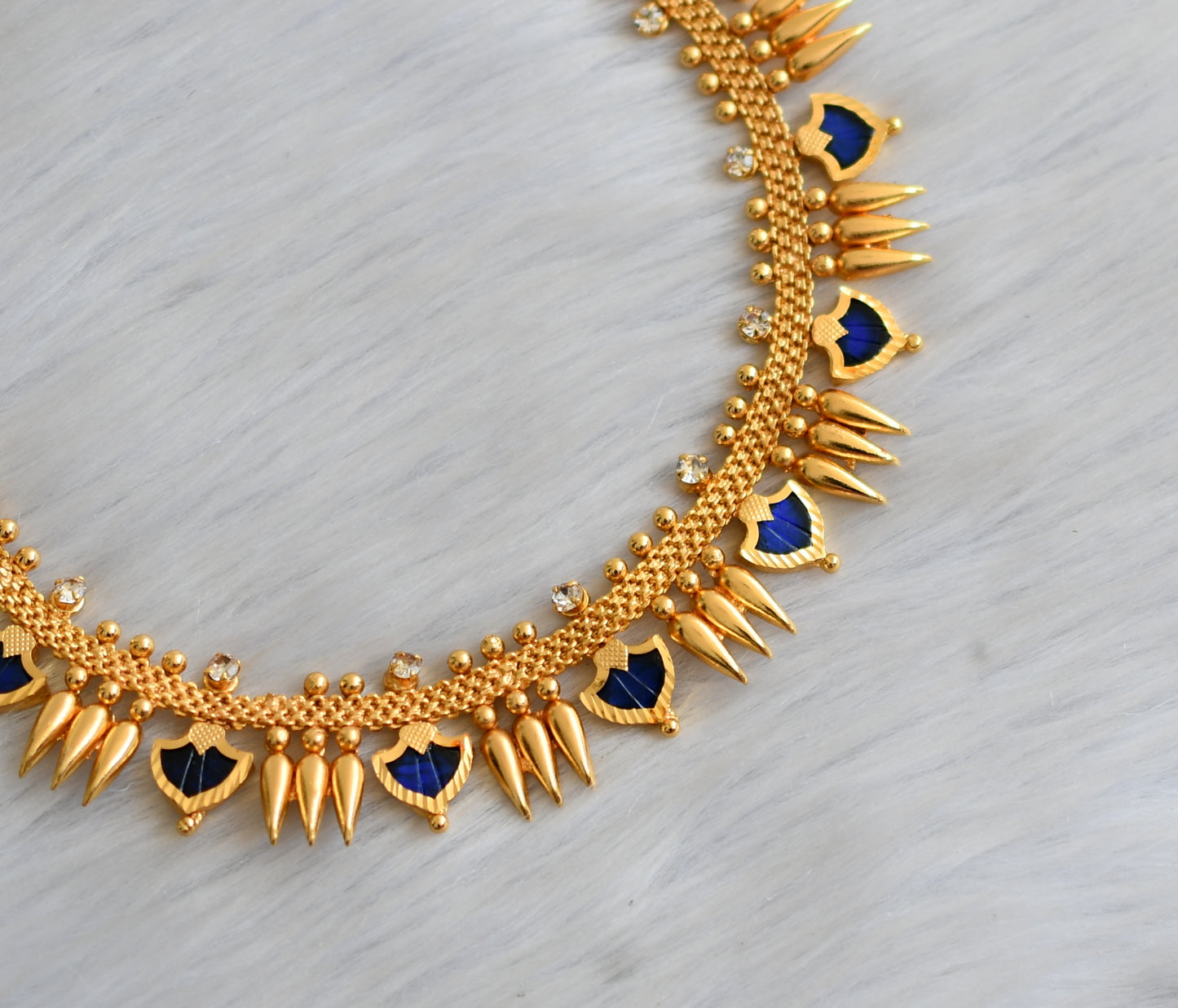 Gold tone blue palakka Kerala style mulla mottu necklace dj-41156