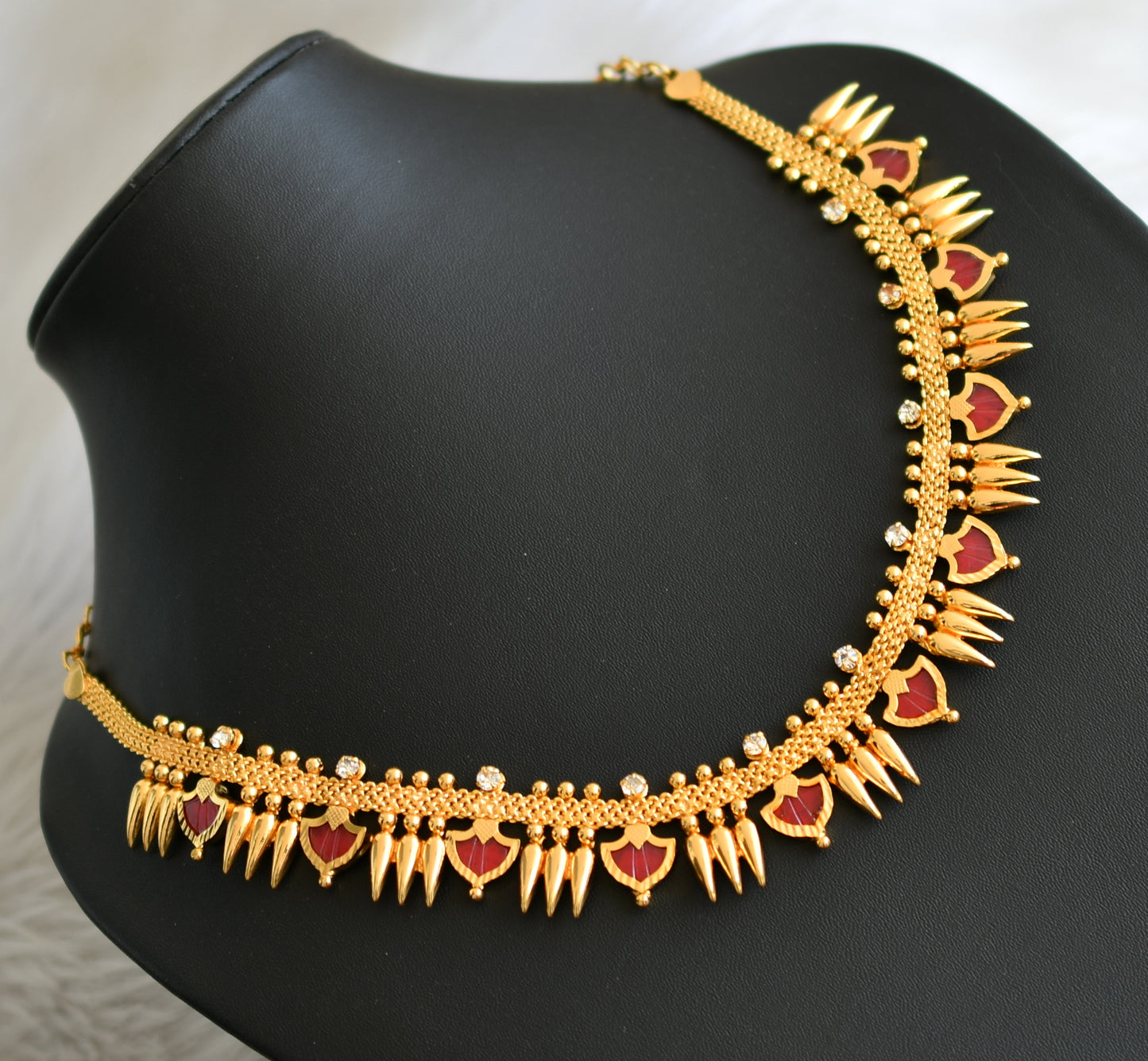 Gold tone red palakka Kerala style mulla mottu necklace dj-41157