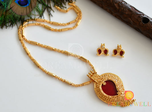 Gold tone mango red Kerala style Earrings and pendant with chain dj-37192