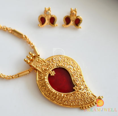 Gold tone mango red Kerala style Earrings and pendant with chain dj-37192