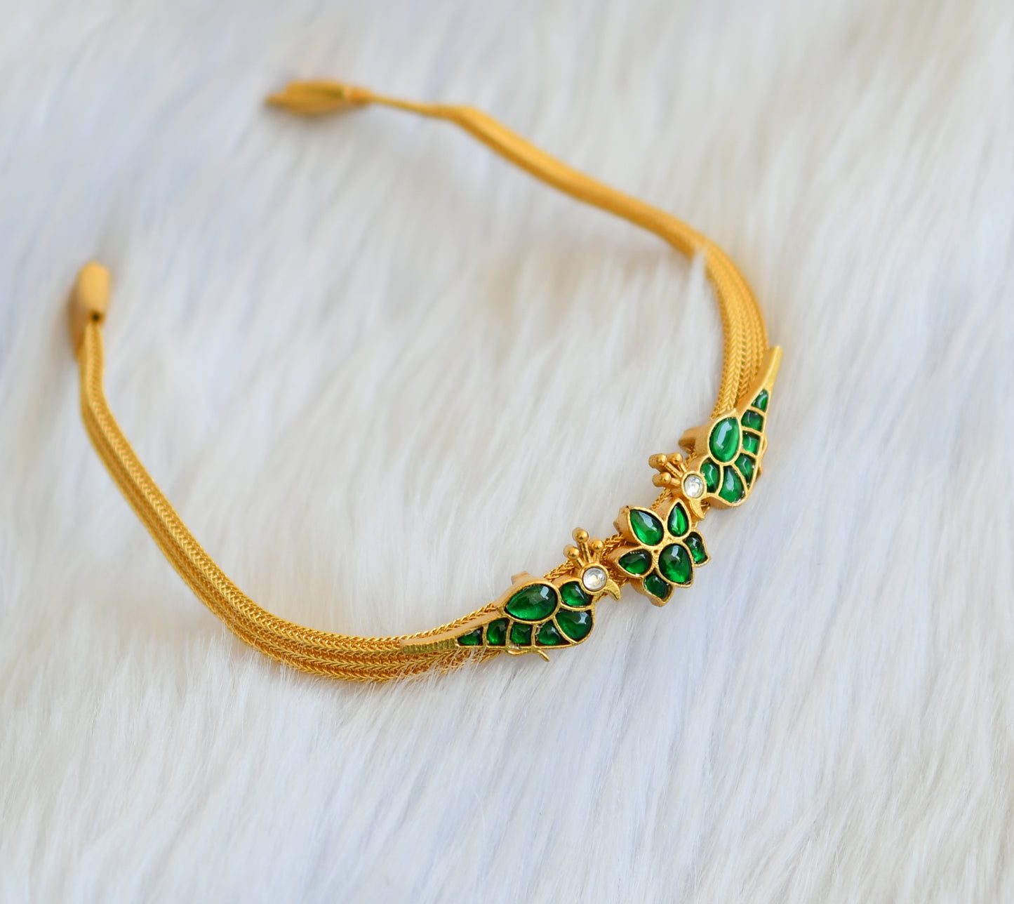 Gold tone green peacock-Lotus Jadau necklace dj-39478