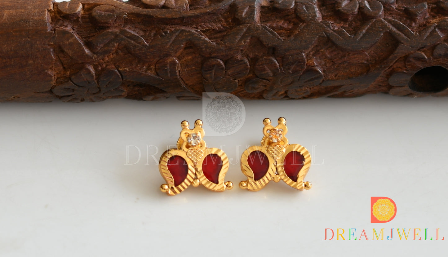 Gold tone mango red Kerala style Earrings and pendant with chain dj-37192