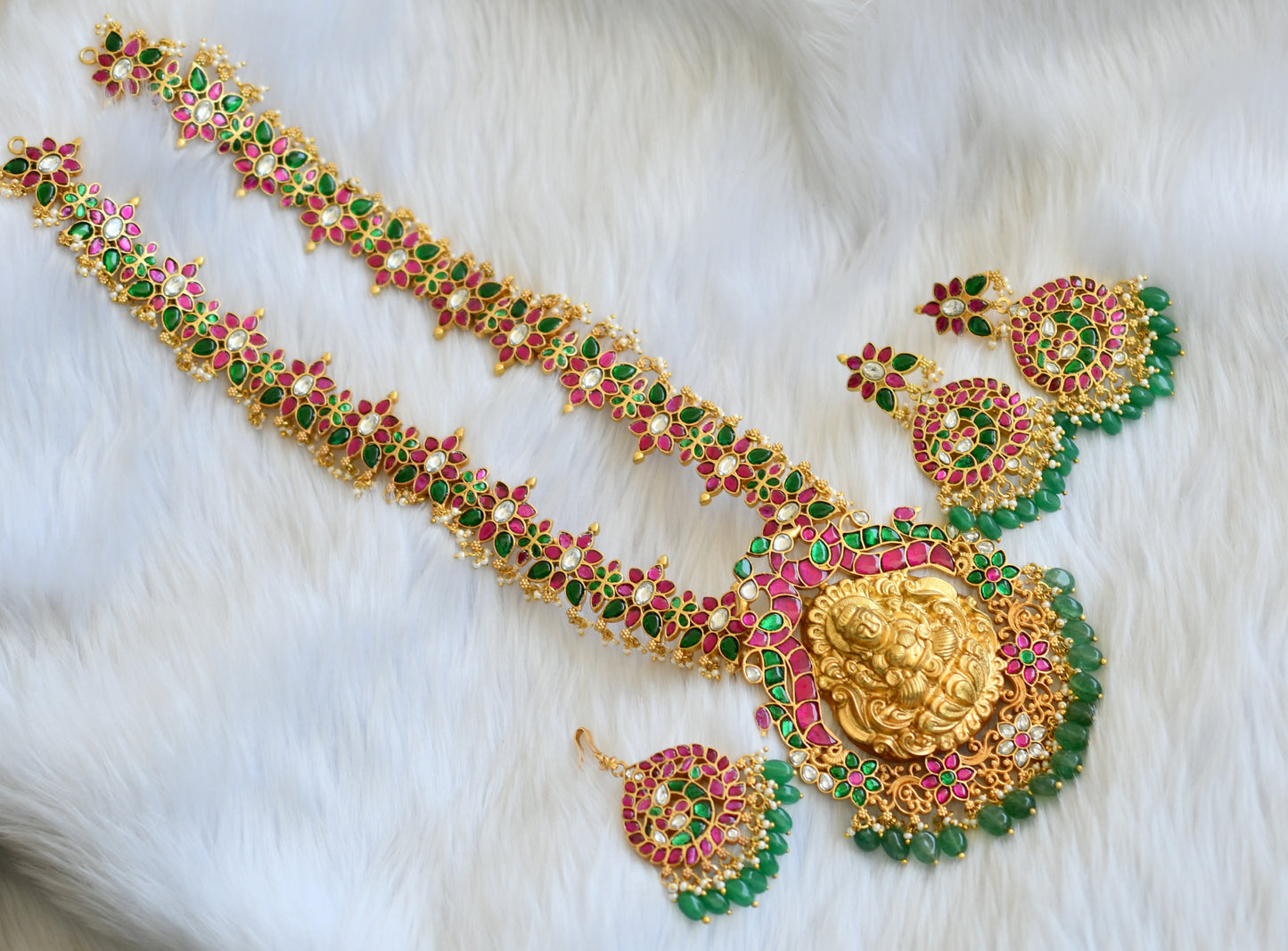 Gold tone pink-green-white kundan jadau Lakshmi pearl cluster haar set and tikka dj-39486