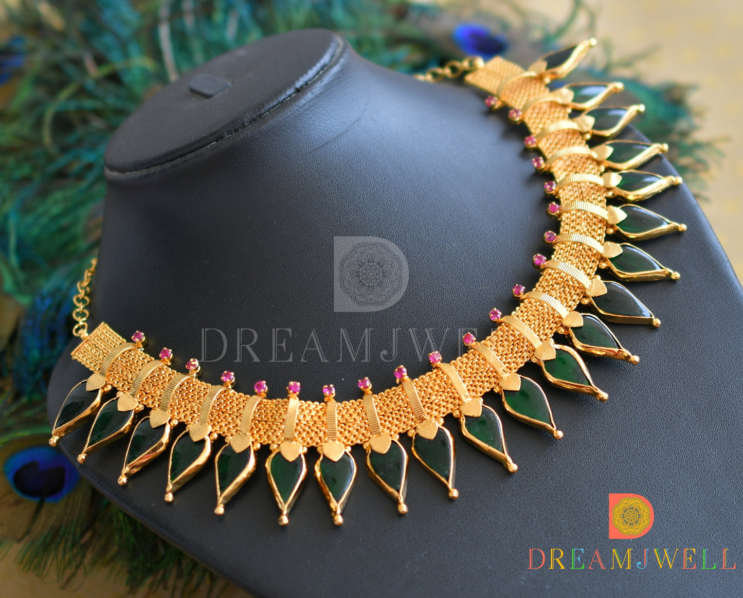 Gold tone pink-green Kerala style Gopi big necklace dj-36393