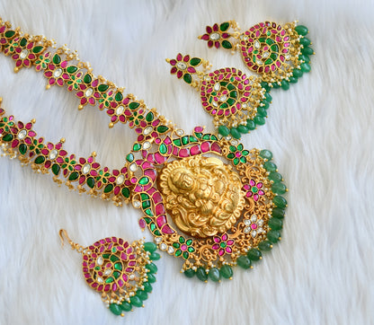 Gold tone pink-green-white kundan jadau Lakshmi pearl cluster haar set and tikka dj-39486