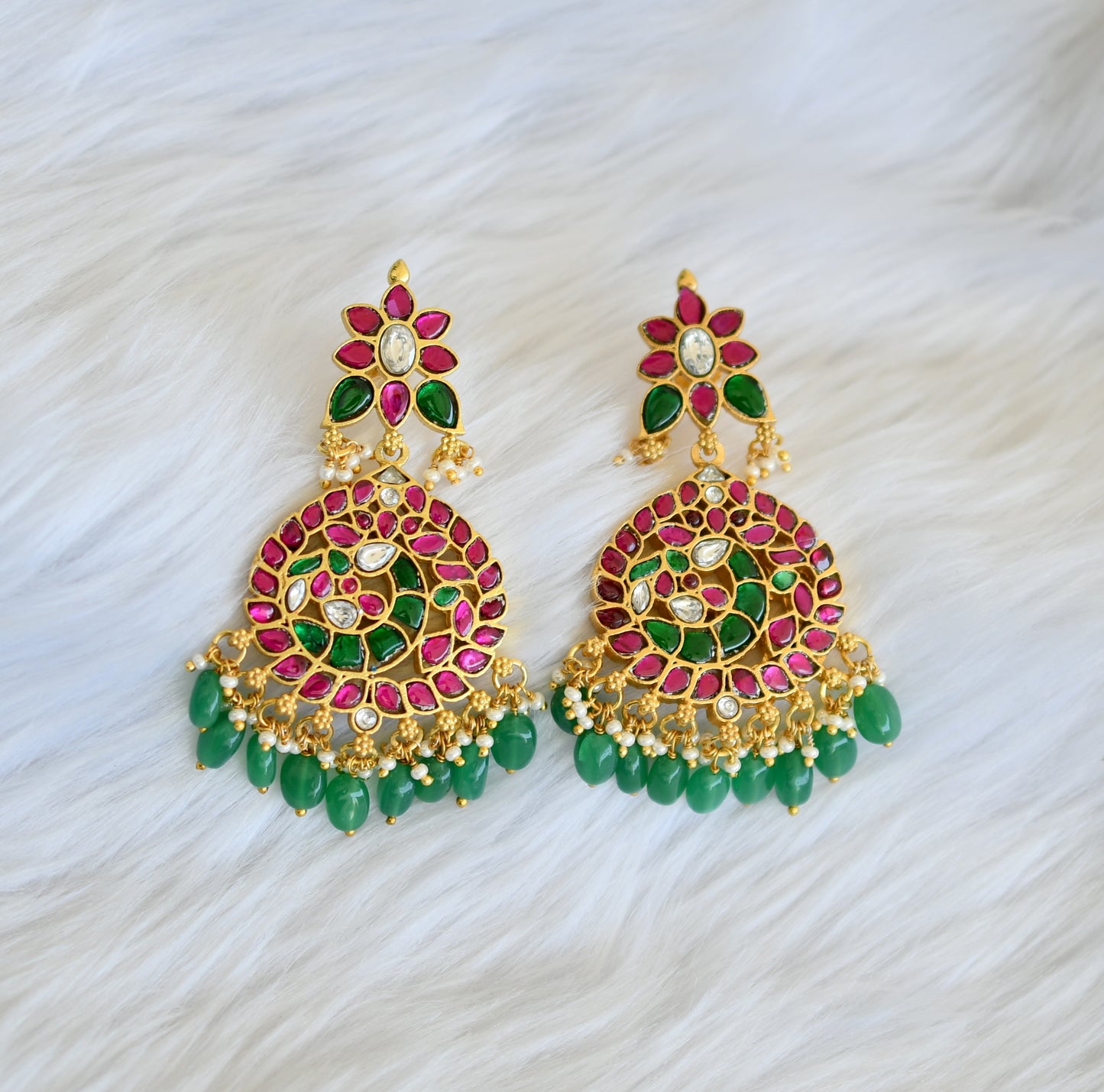 Gold tone pink-green-white kundan jadau Lakshmi pearl cluster haar set and tikka dj-39486