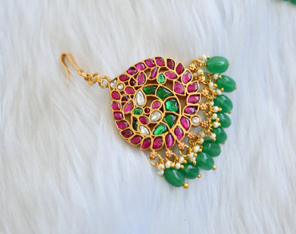 Gold tone pink-green-white kundan jadau Lakshmi pearl cluster haar set and tikka dj-39486