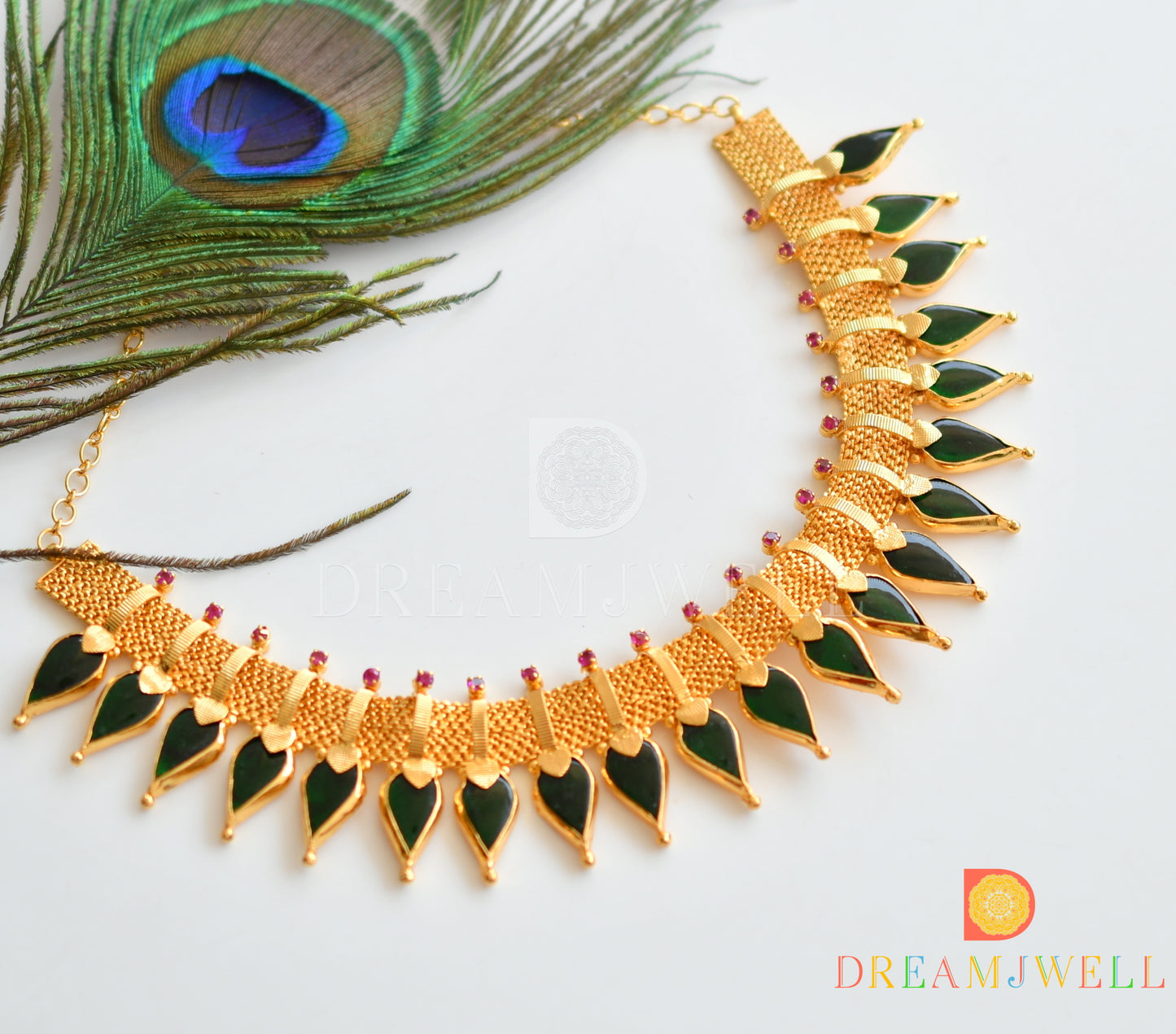 Gold tone pink-green Kerala style Gopi big necklace dj-36393