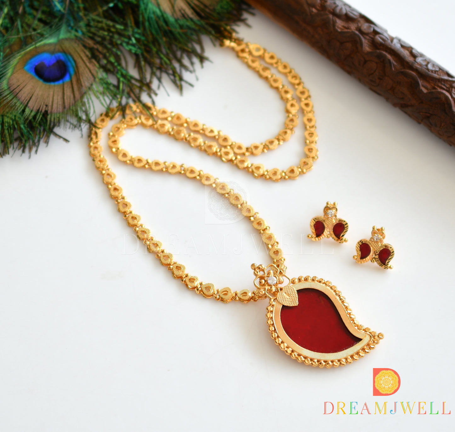 Gold tone Red mango Kerala style Earrings and pendant with chain dj-37193