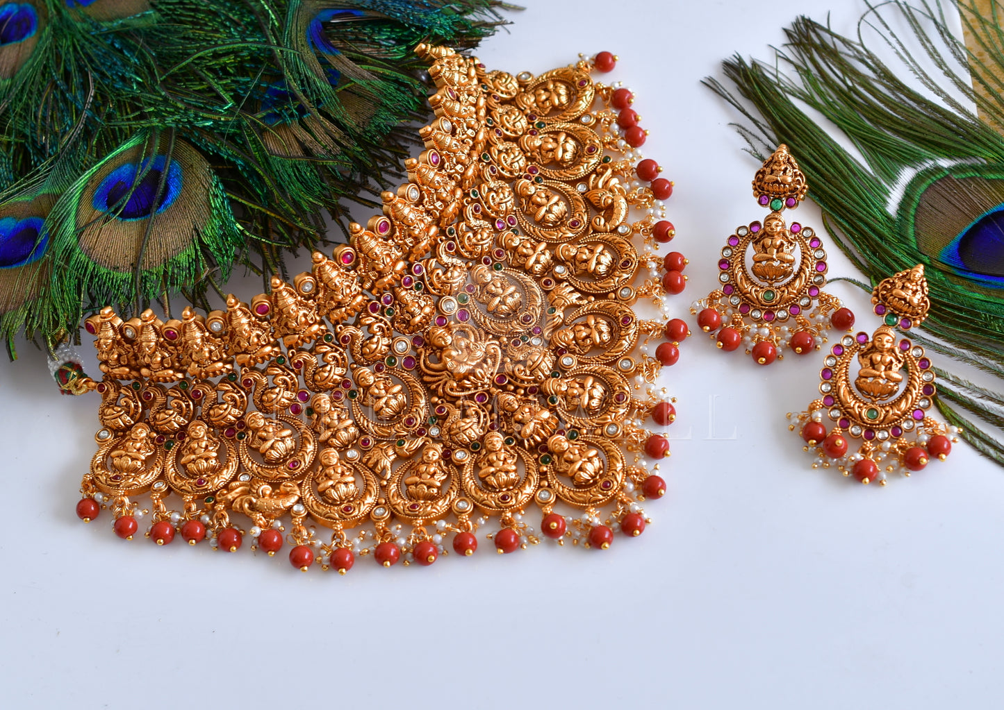 Matte finish kemp-green coral beads Lakshmi choker necklace set dj-35667