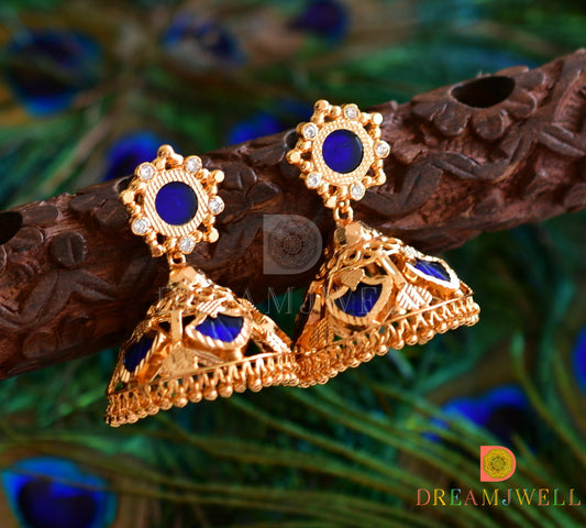 Gold tone blue palakka 5 petal Kerala style jhumkka dj-37194