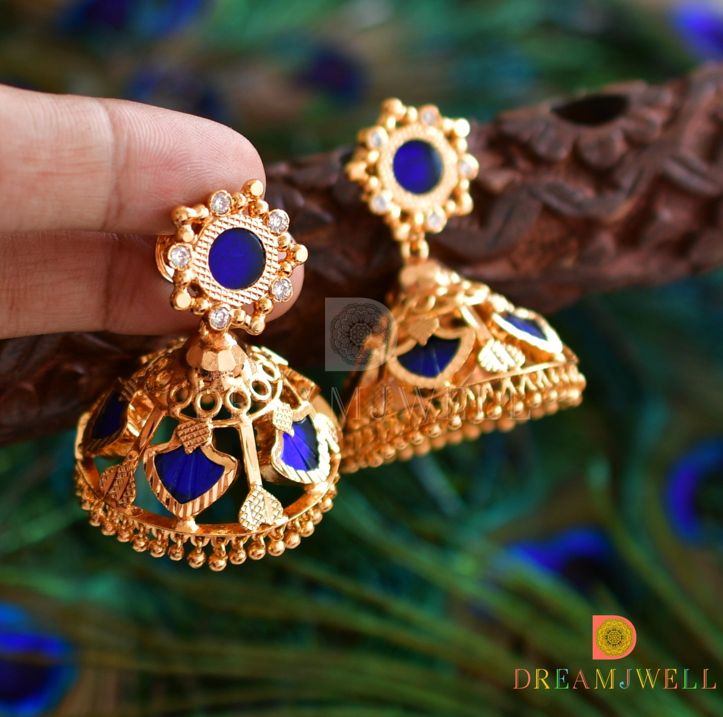 Gold tone blue palakka 5 petal Kerala style jhumkka dj-37194