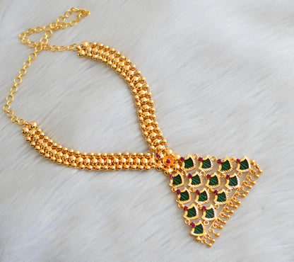 Gold tone pink stone green palakka Kerala style necklace dj-41155