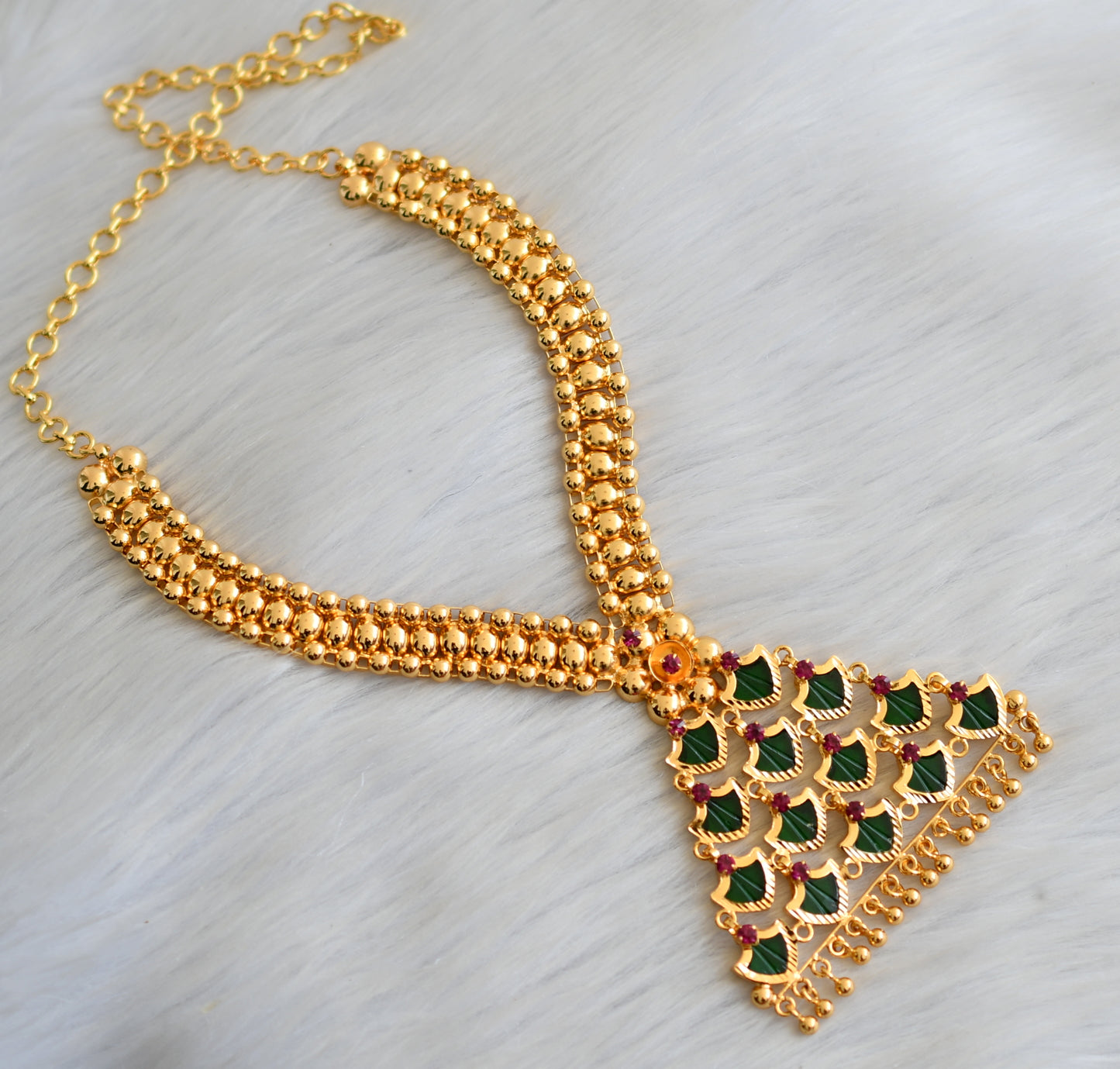 Gold tone pink stone green palakka Kerala style necklace dj-41155