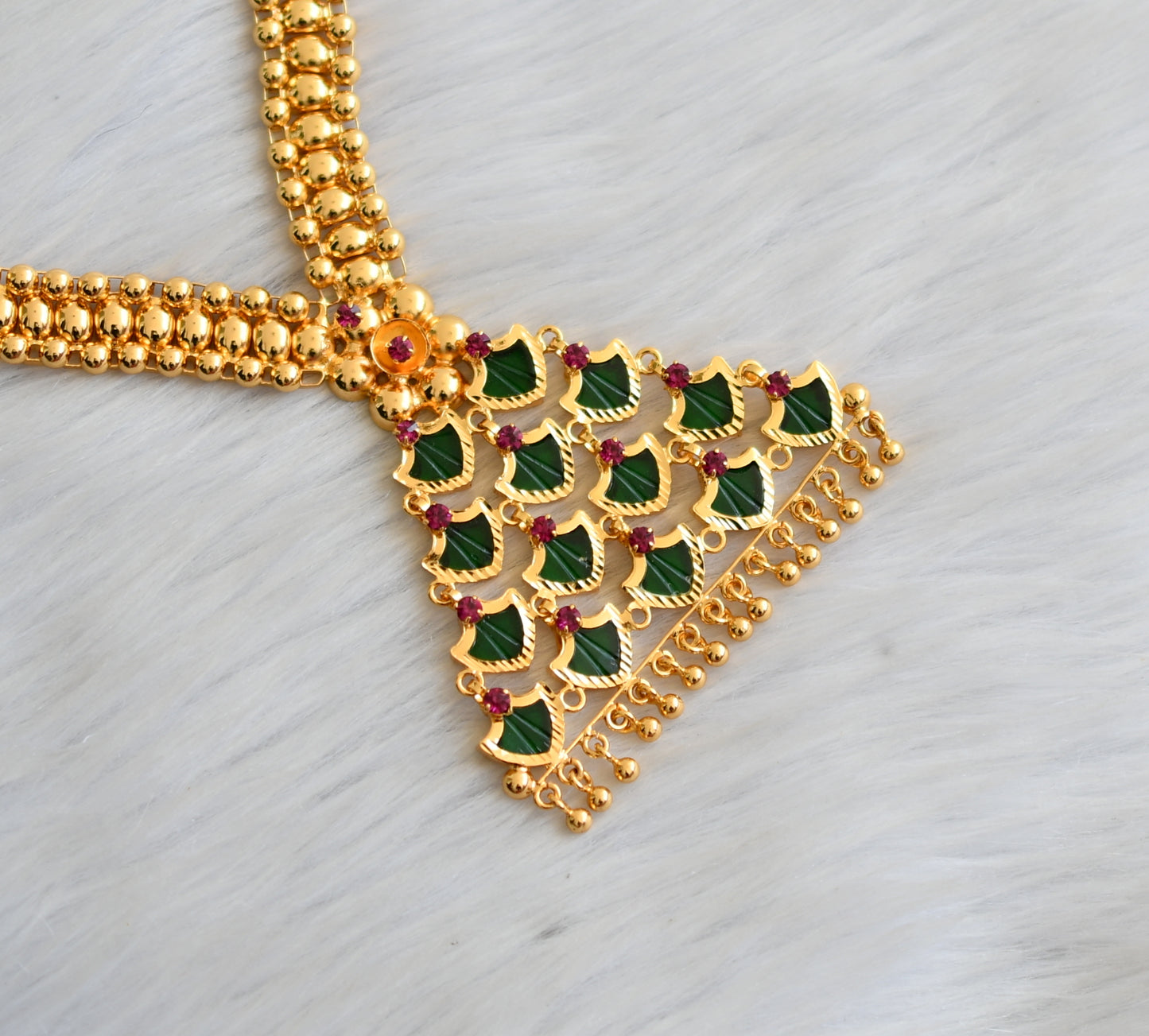 Gold tone pink stone green palakka Kerala style necklace dj-41155